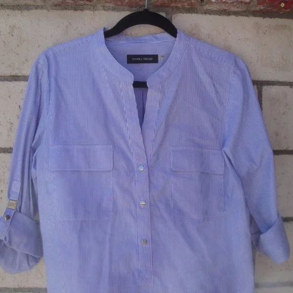 Sold Ivanka Trump Blouse Women Size Large Blue White Stripe Preppy East Coast - Picture 2 of 4